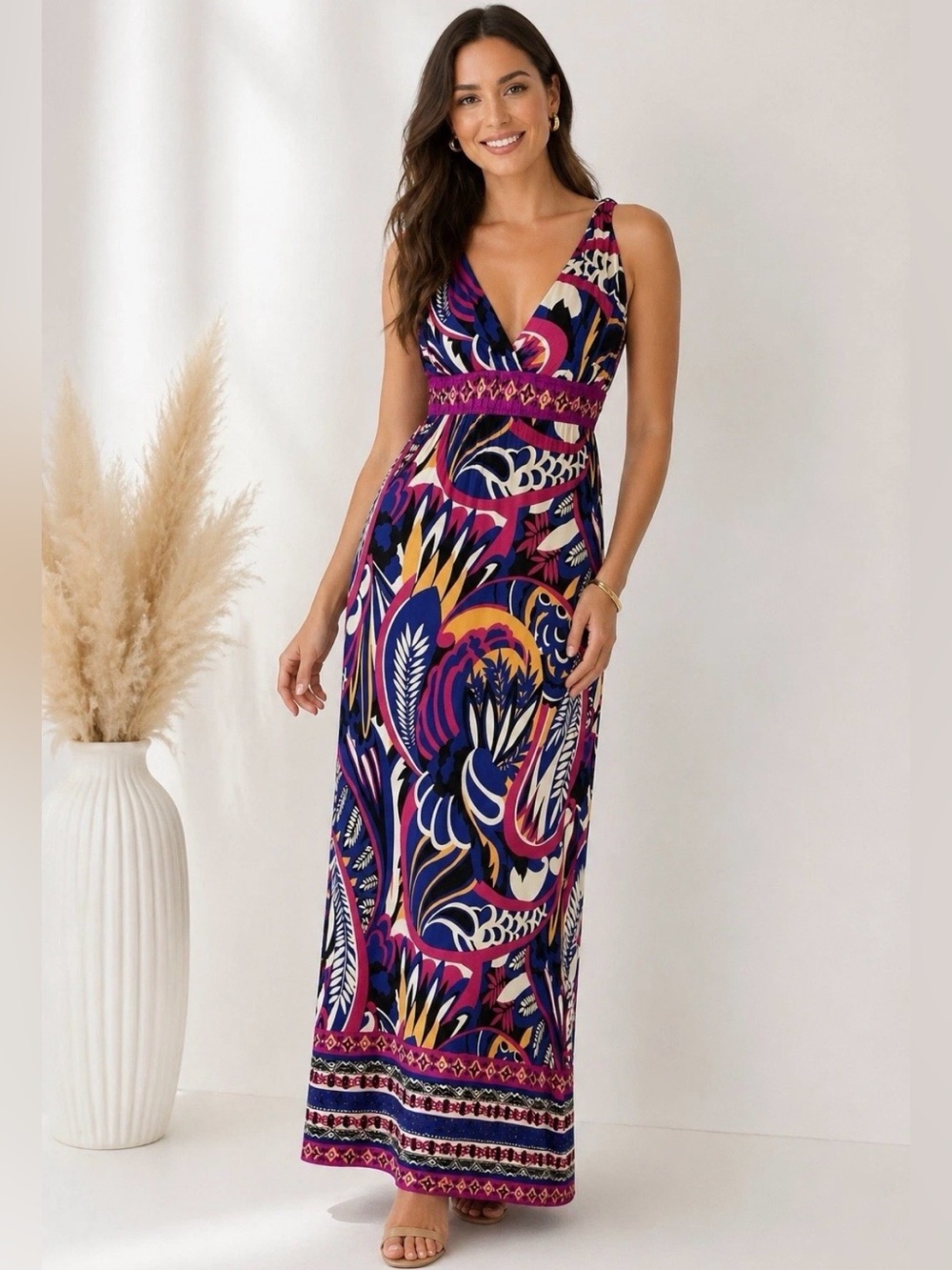 Hale Bob Silk Maxi Vibrant Boho Print Empire Elastic Waist Stretchy Size XS